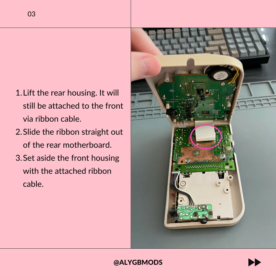 Disconnecting the Ribbon Cable - The rear housing of a Game Boy DMG is lifted to reveal the internal ribbon cable. The cable is highlighted with a pink circle, showing how to disconnect it. The front housing is set aside.